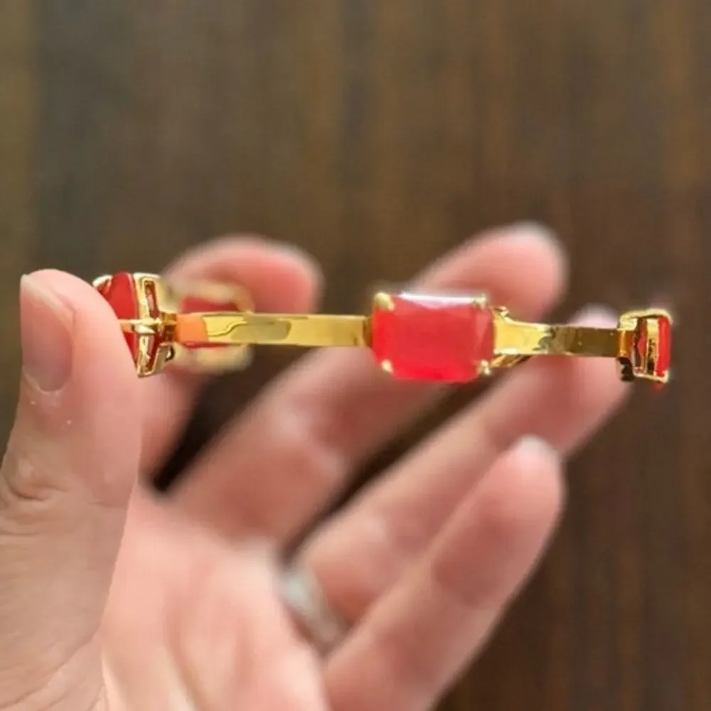 Kate Spade Gold Tone & Coral "Cabaret" Pink Stone Vegas Bangle Bracelet - Picture 3 of 6